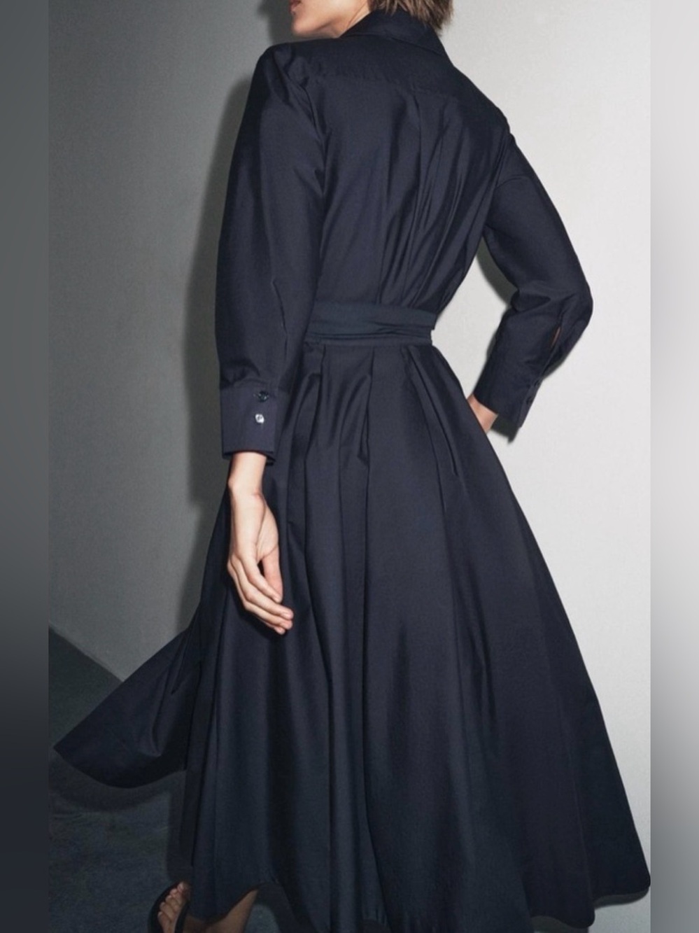 Zara Cotton Poplin Navy Shirt Dress Long Sleeves Turn-Down Collar Pockets Small - Picture 5 of 14